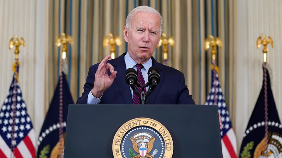 President Biden delivers remarks on the debt ceiling during an event in the State Dining Room of the White House, Monday, Oct. 4, 2021, in Washington.