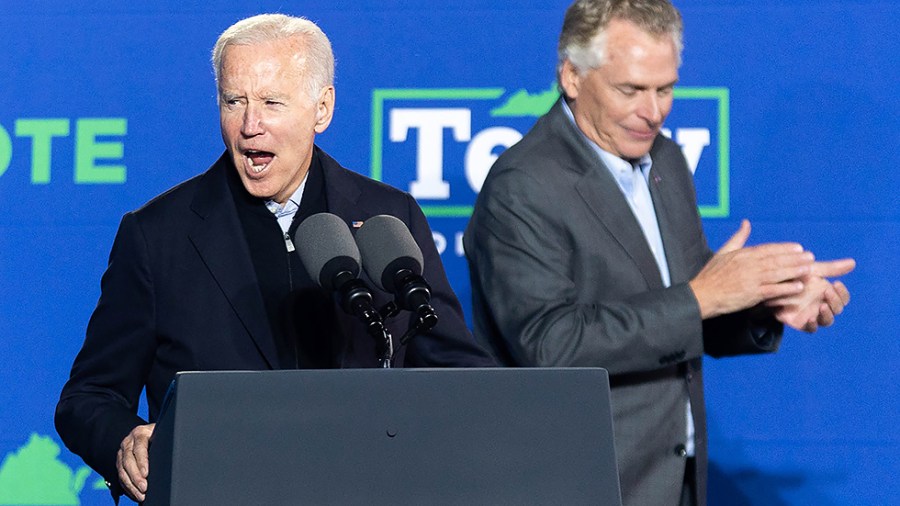 President Biden speaks in support of Virginia gubernatorial candidate Terry McAuliffe (D) at Virginia Highlands Park on October 26, 2021.