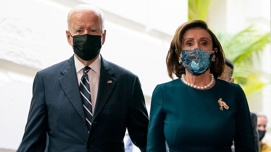 President Biden and Speaker Nancy Pelosi (D-Calif.) leave a House Democratic Caucus meeting where they discussed the Build Back Better agenda and the bipartisan infrastructure deal on Thursday, October 28, 2021.