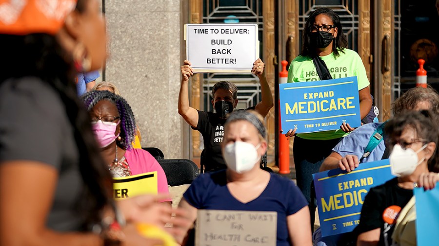 Protesters for expanding Medicare and the Build Back Better agenda demonstrate outside the Dirksen Senate Office Building on Wednesday, October 20, 2021.