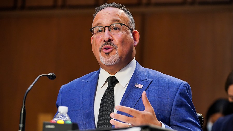 Secretary of Education Miguel Cardona answers questions during a Senate Health, Education, Labor, and Pensions Committee hearing to discuss reopening schools during Covid-19 on Thursday, September 30, 2021.