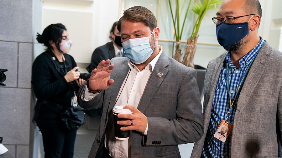 Rep. Ruben Gallego (D-Ariz.)leaves a closed-door House Democratic caucus meeting on Friday, October 1, 2021.