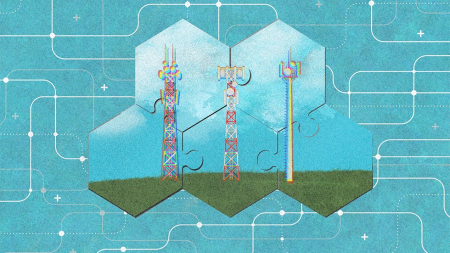 An illustration including cellphone towers