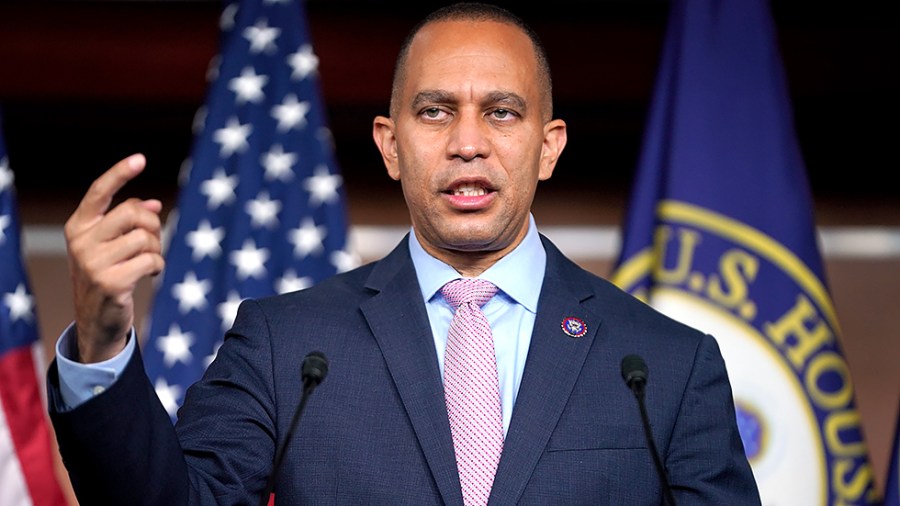 Rep. Hakeem Jeffries (D-N.Y.) addresses reporters during a press conference on Wednesday, October 20, 2021 following the closed-door House Democratic Caucus meeting.