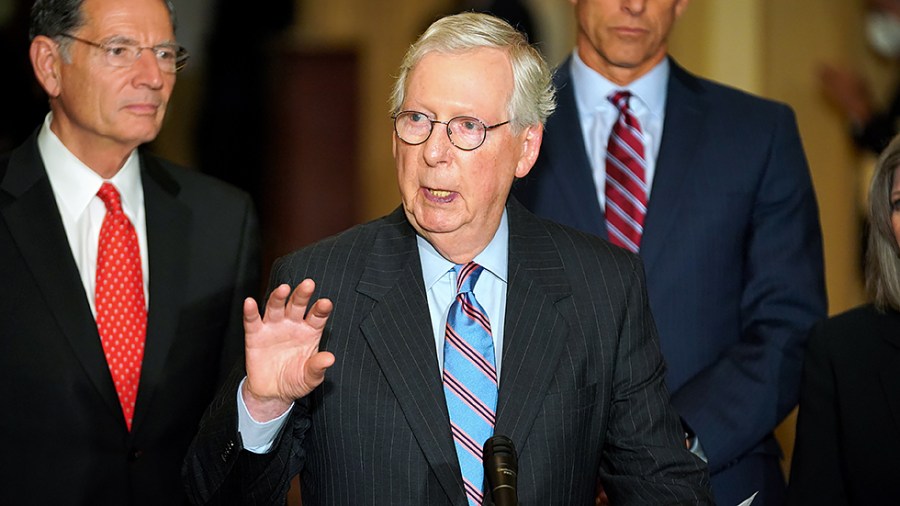 Minority Leader Mitch McConnell (R-Ky.) addresses reporters after the weekly policy luncheon on Tuesday, October 19, 2021.