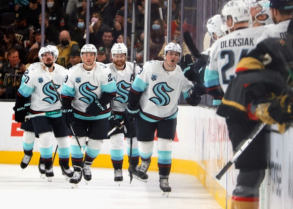 The Seattle Kraken celebrate a goal