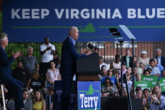 US President Joe Biden speaks during a campaign event for Virginia gubernatorial candidate Terry McAuliffe