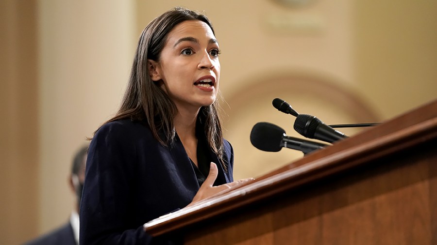 Rep. Alexandria Ocasio-Cortez (D-N.Y.) addresses reporters during a press conference on Tuesday, October 26, 2021 to introduce the Secure 2100 Act to strengthen Social Security for future generations.