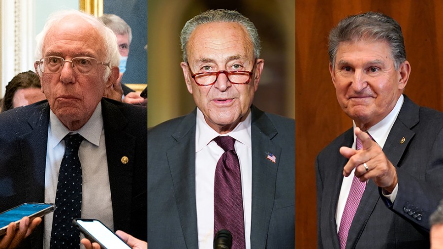 Sen. Bernie Sanders (I-Vt.), Majority Leader Charles Schumer (D-N.Y.) and Sen. Joe Manchin (D-W.Va.)