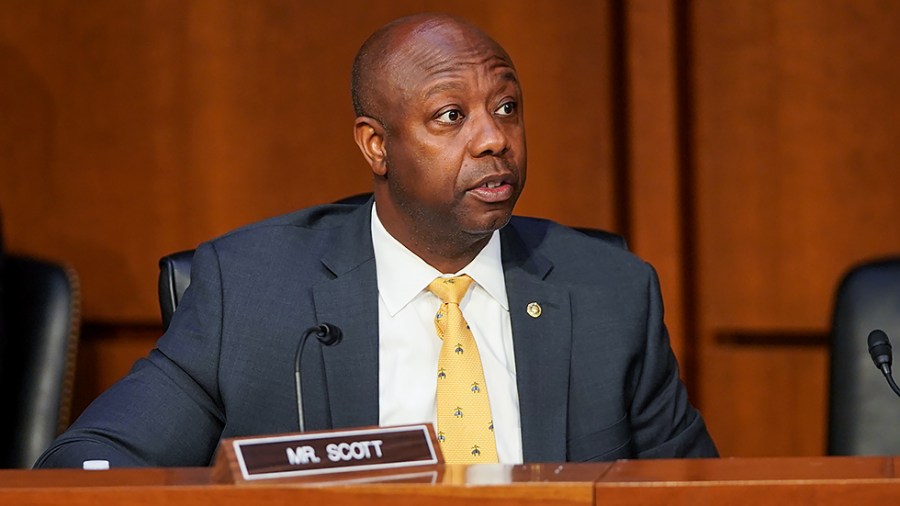 Sen. Tim Scott (R-S.C.) is seen during a Senate Banking, Housing, and Urban Affairs Committee hearing to discuss oversight of the CARES Act within the Federal Reserve and Department of Treasury on Tuesday, September 28, 2021.