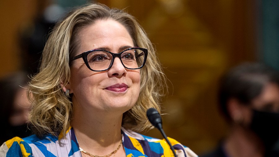 Sen. Kyrsten Sinema (D-Ariz.) offers remarks in support of the nomination of Chris Magnus to be the next US Customs and Border Protection commissioner during a Senate Finance Committee hearing on Tuesday, October 19, 2021.