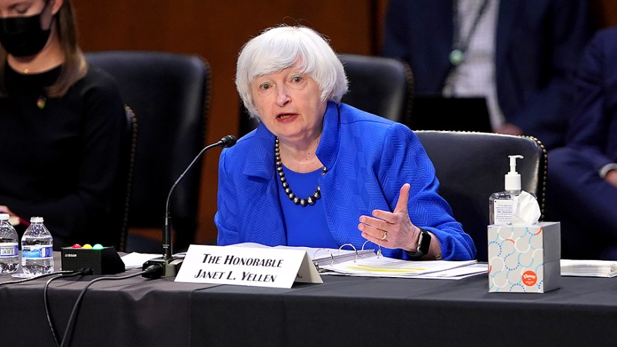 Treasury Secretary Janet Yellen is seen during a Senate Banking, Housing, and Urban Affairs Committee hearing to discuss oversight of the CARES Act within the Federal Reserve and Department of Treasury on Tuesday, September 28, 2021.