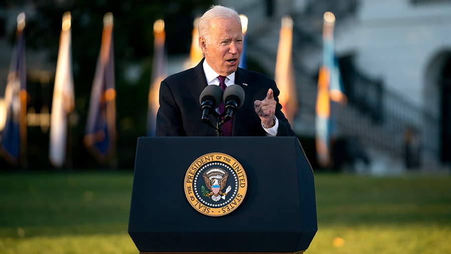 President Biden speaks before signing for the Infrastructure Investment and Jobs Act during a ceremony on the South Lawn of the White House on Monday, November 15, 2021.