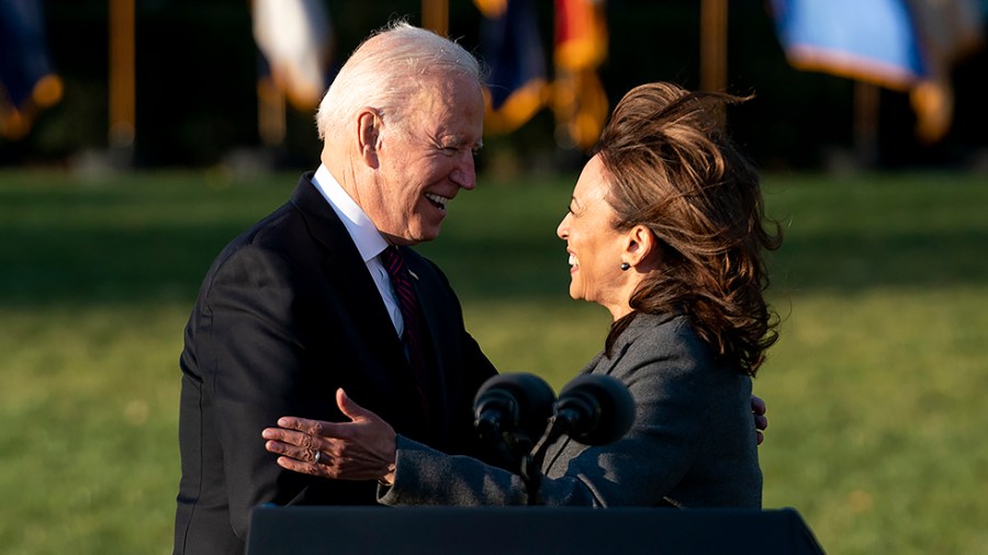 President Biden hugs Vice President Harris after giving remarks at a signing ceremony for the Infrastructure Investment and Jobs Act on the South Lawn of the White House on Monday, November 15, 2021.