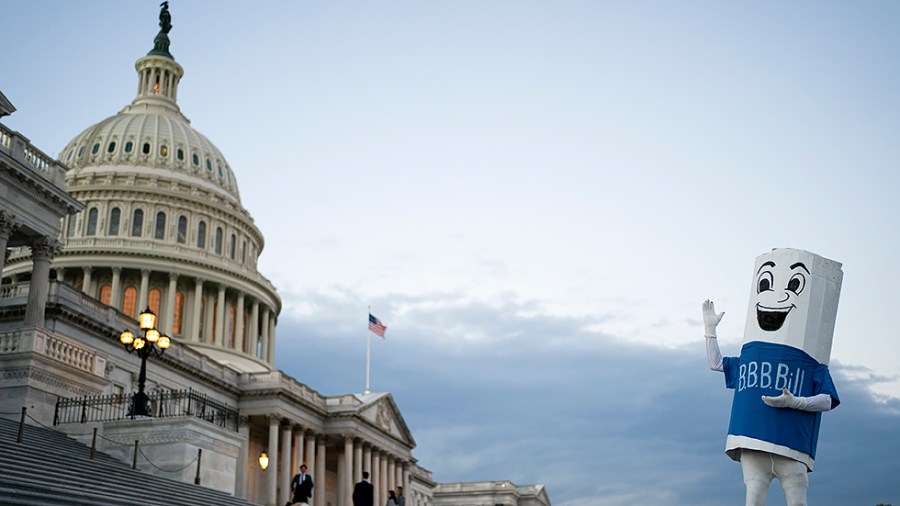 A Build Back Better Act mascot from a non-profit group poses outside the House Chamber on Thursday, November 18, 2021.