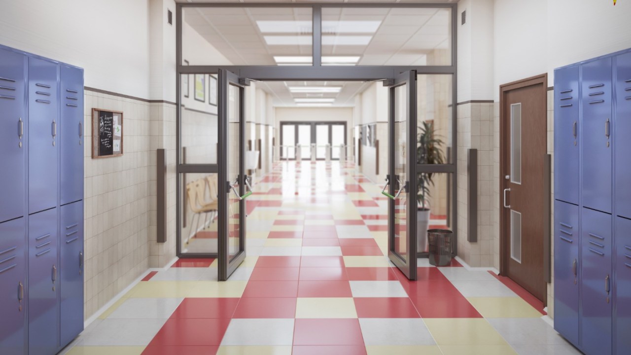 an empty school hallway