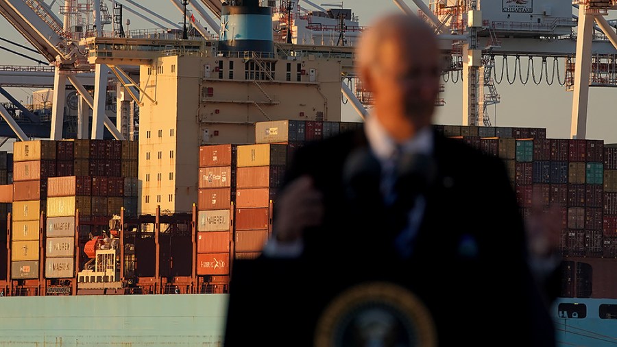 A Maersk Line contain ship is seen as President Biden discusses the bipartisan infrastructure deal during an event at the Port of Baltimore’s Dundalk-Marine Terminal in Baltimore Md., on Wednesday, November 10, 2021.