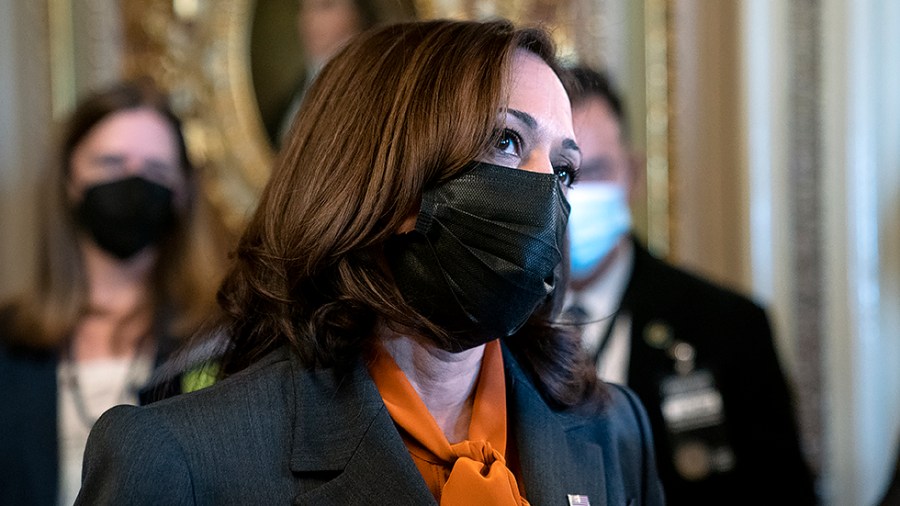 Vice President Harris speaks to reporters in the Senate Reception Room after the Senate held a vote for the John Lewis Voting Rights Act on Wednesday, November 3, 2021.