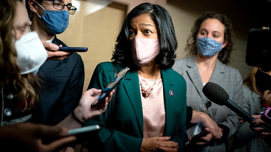 Rep. Pramila Jayapal (D-Wash.) speaks to reporters after a closed-door House Democratic caucus meeting on Tuesday, November 2, 2021.