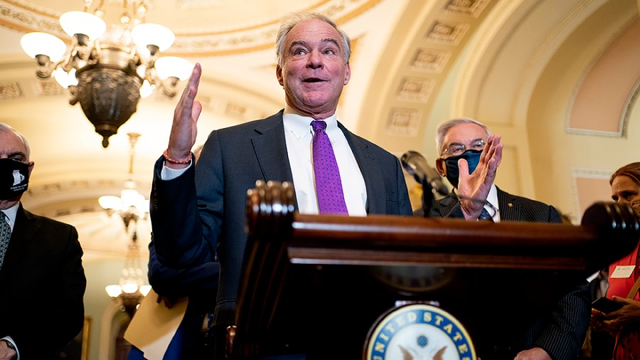 Sen. Tim Kaine (D-Va.) addresses reporters after the weekly policy luncheon on Tuesday, November 16, 2021.