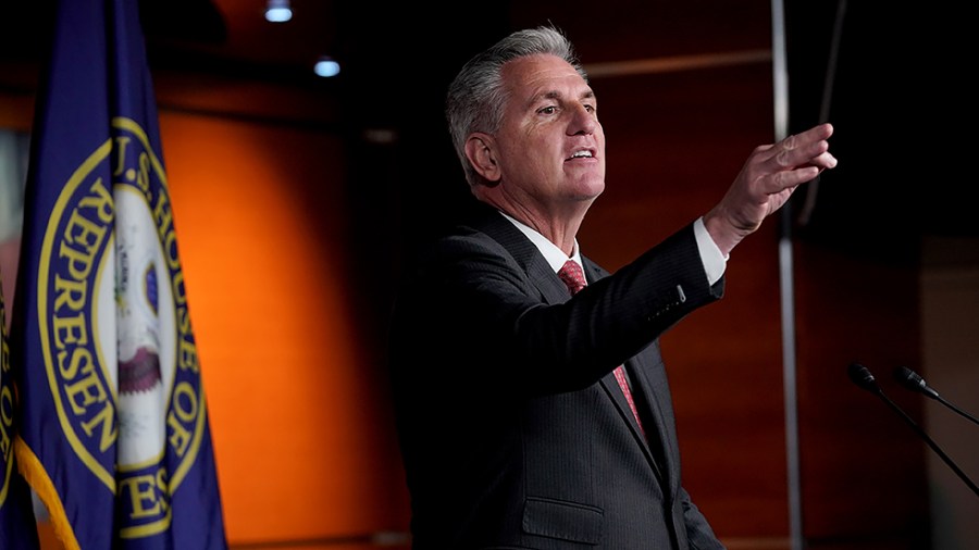 Minority Leader Kevin McCarthy (R-Calif.) listens to a question during his weekly press conference on Thursday, November 18, 2021.