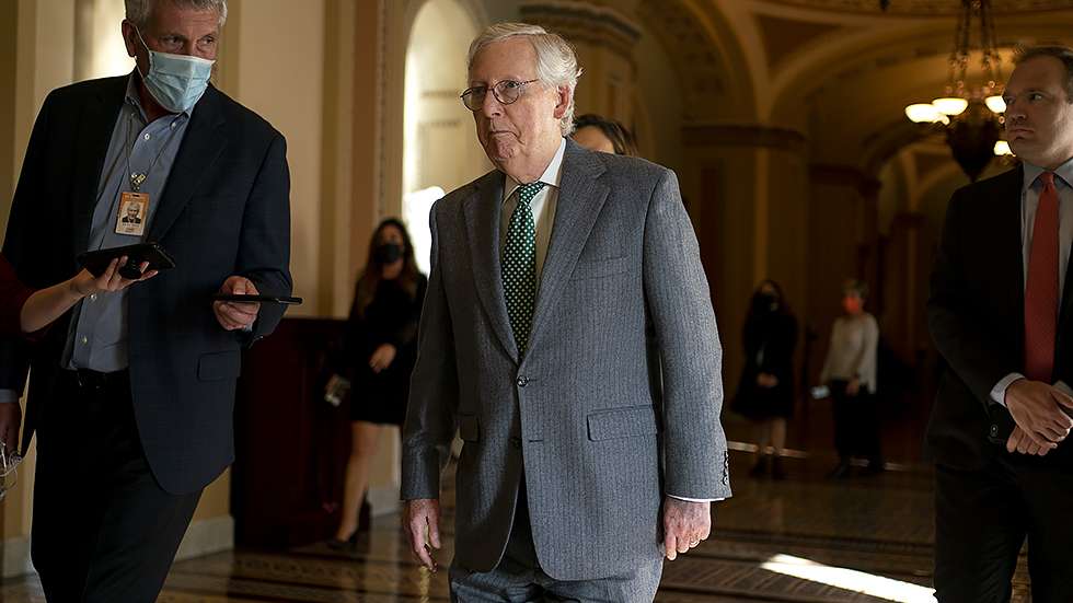 Minority Leader M McConnell (R-Ky.) heads to Majority Leader Charles Schumer (D-N.Y.) office on Thursday, November 18, 2021 to discuss the debt ceiling.