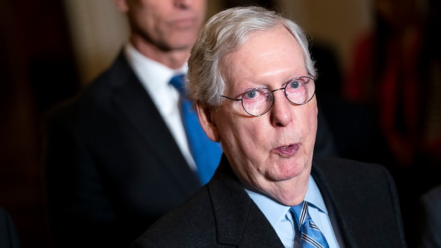 Minority Leader Mitch McConnell (R-Ky.) addresses reporters after the weekly policy luncheon on Tuesday, November 30, 2021.