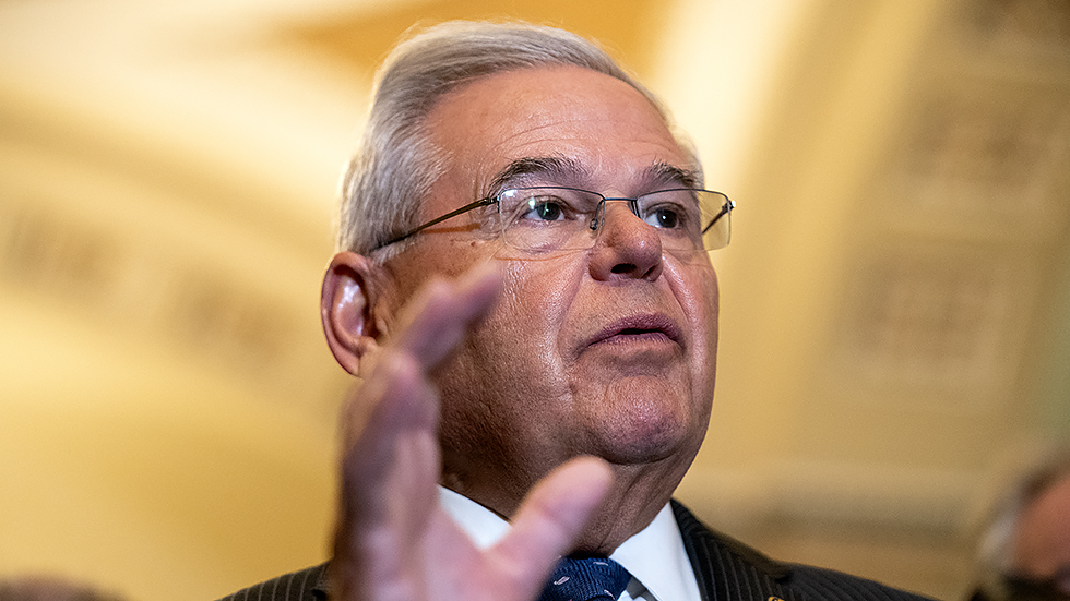 Sen. R Menendez (D-N.J.) addresses reporters after the weekly policy luncheon on Tuesday, November 16, 2021.