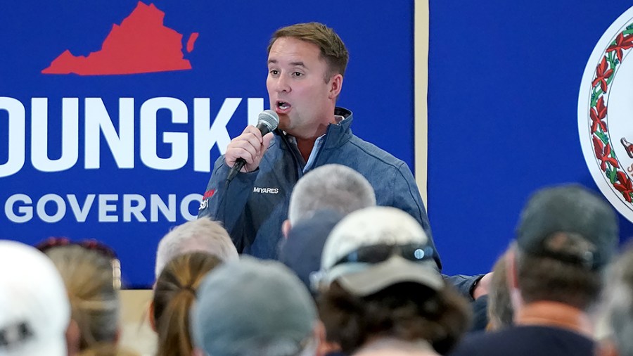 Virginia Republican attorney general candidate Jason Miyares speaks to supporters and potential voters during a meet and greet for Republican gubernatorial candidate Glenn Youngkin at Manassas Park Community Center in Manassas, Va., on Oct. 30, 2021.