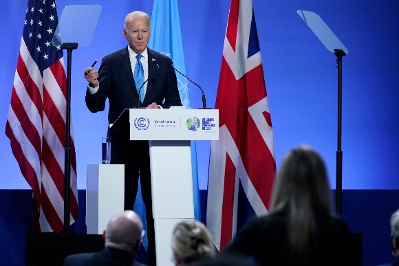 President Joe Biden speaks during a news conference at the COP26 U.N. Climate Summit