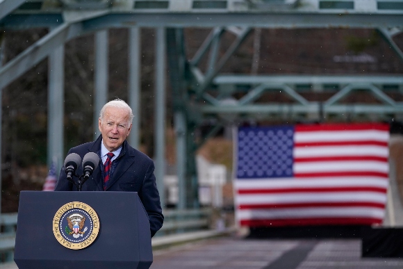 President Joe Biden speaks during a visit to the NH 175 bridge over the Pemigewasset River