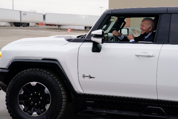 President Joe Biden test drives a Hummer at the General Motors Factory ZERO electric vehicle assembly plant