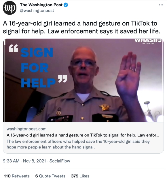 A 16-year-old girl learned a hand gesture on TikTok to signal for help