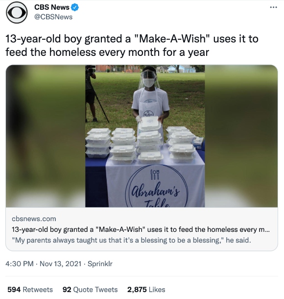 13-year-old boy granted a "Make-A-Wish" uses it to feed the homeless every month for a year