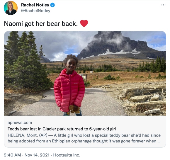 Girl, teddy bear reunited a year after loss in Glacier park