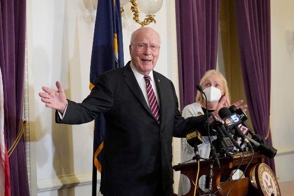 Sen. Patrick Leahy, D-Vt., gestures as he concludes a news conference