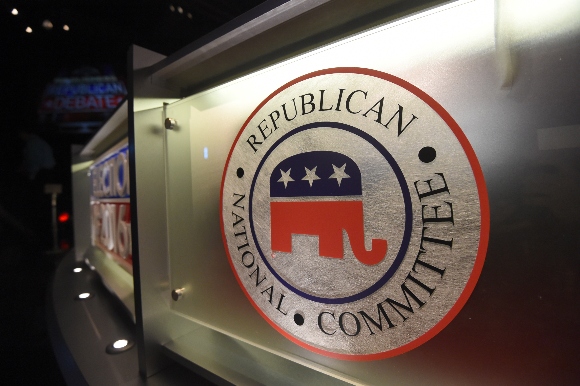 The Republican National Committee logo is shown on the stage