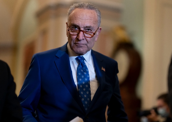 Senate Majority Leader Chuck Schumer, D-N.Y., speaks to reporters