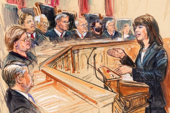 This artist sketch depicts Solicitor General Elizabeth Prelogar, right, presenting an argument before the Supreme Court