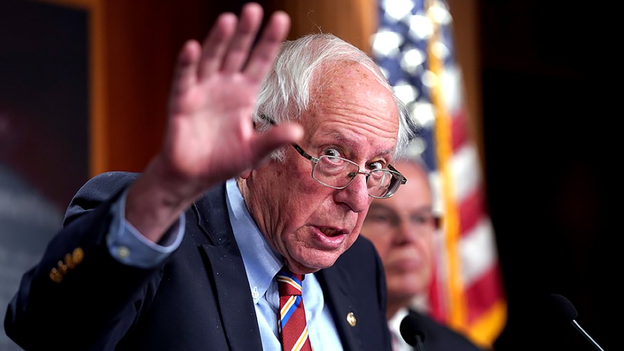 Sen. Bernie Sanders (I-Vt.) addresses reporters during a press conference on Wednesday, November 3, 2021 to discuss state and local tax caps.