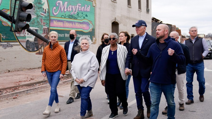 President Biden surveys tornado damage in Mayfield, Ky.