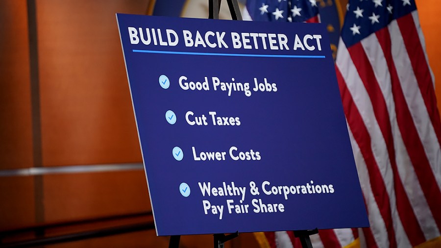 A chart for the Build Back Better Act during Speaker Nancy Pelosi’s (D-Calif.) weekly on-camera press conference on Thursday, November 18, 2021.