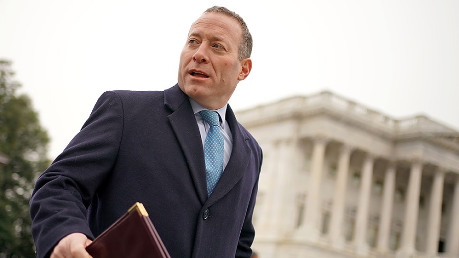 Rep. Josh Gottheimer (R-N.J.) arrives for a press conference on Wednesday, December 8, 2021 to push for state and local tax deductions to be added to the reconciliation bill.