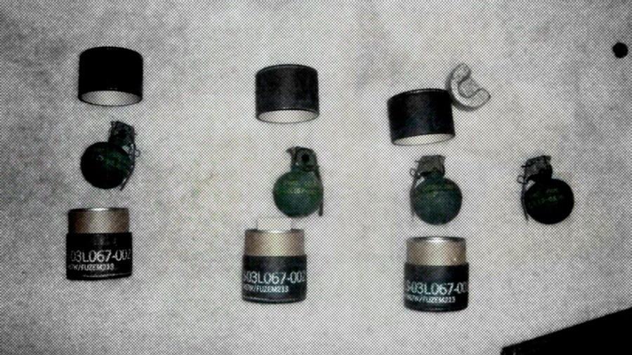 A photo illustration of stolen military fragmentation grenades found in a home in Quantico, Virginia, on Jan. 19, 2010