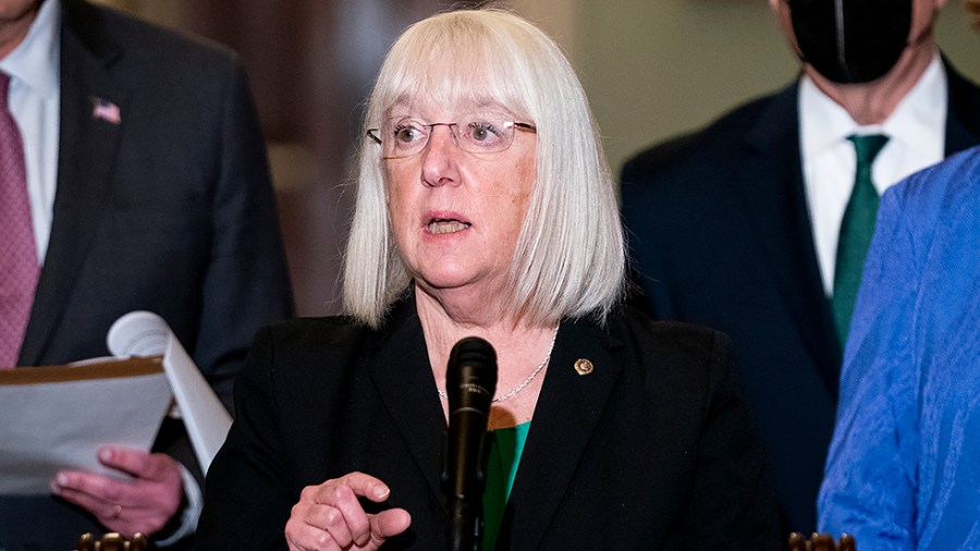 Sen. Patty Murray (D-Wash.) addresses reporters after the weekly policy luncheon on Tuesday, December 14, 2021.