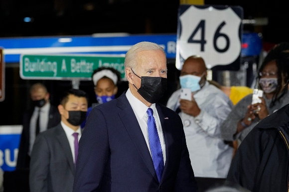 President Joe Biden arrives to speak about infrastructure projects during an event at the Kansas City Area Transit Authority