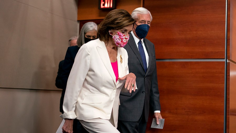 Speaker Nancy Pelosi (D-Calif.) and House Majority Leader Steny Hoyer (D-Md.) arrive for a press conference on Friday, November 19, 2021 after the Build Back Act vote.