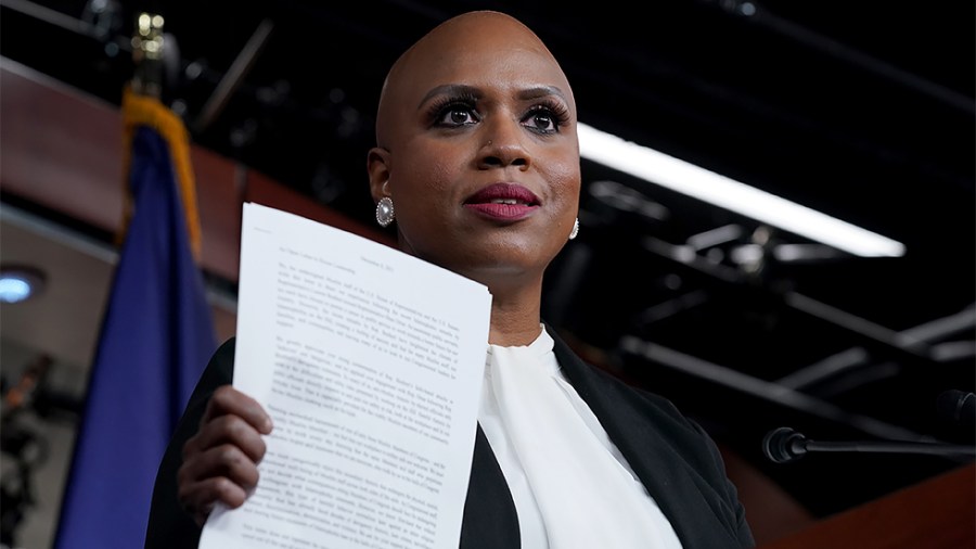 Rep. Ayanna Pressley (D-Mass.) holds a letter from Congressional staffers during a press conference on Wednesday, December 8, 2021 in support of a resolution condemning Rep. Lauren Boebert's (R-Colo.)