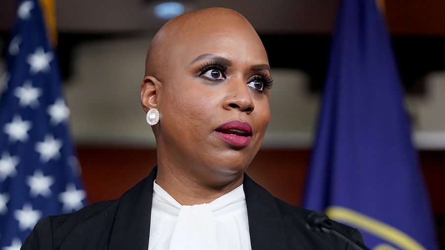 Rep. Ayanna Pressley (D-Mass.) addresses reporters during a press conference on Wednesday, December 8, 2021 about a resolution condemning Rep. Lauren Boebert's (R-Colo.) use of Islamaphobic rhetoric and removing her from her current committee assignments.