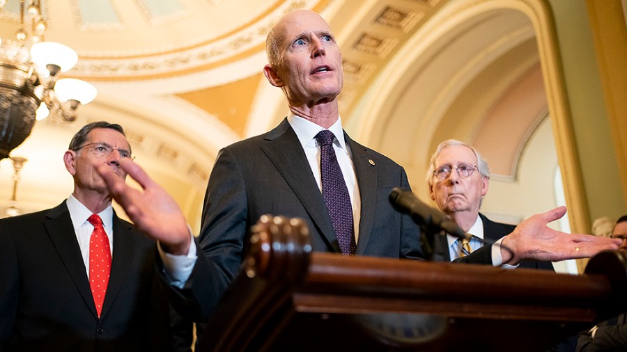 Sen. Rick Scott (R-Fla.) addresses reporters after the weekly policy luncheon on Tuesday, November 16, 2021.